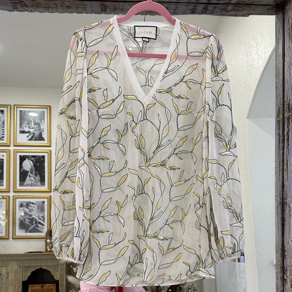 Alexis Tops - Alexis Sheer Leaf Print Blouse - White and Yellow